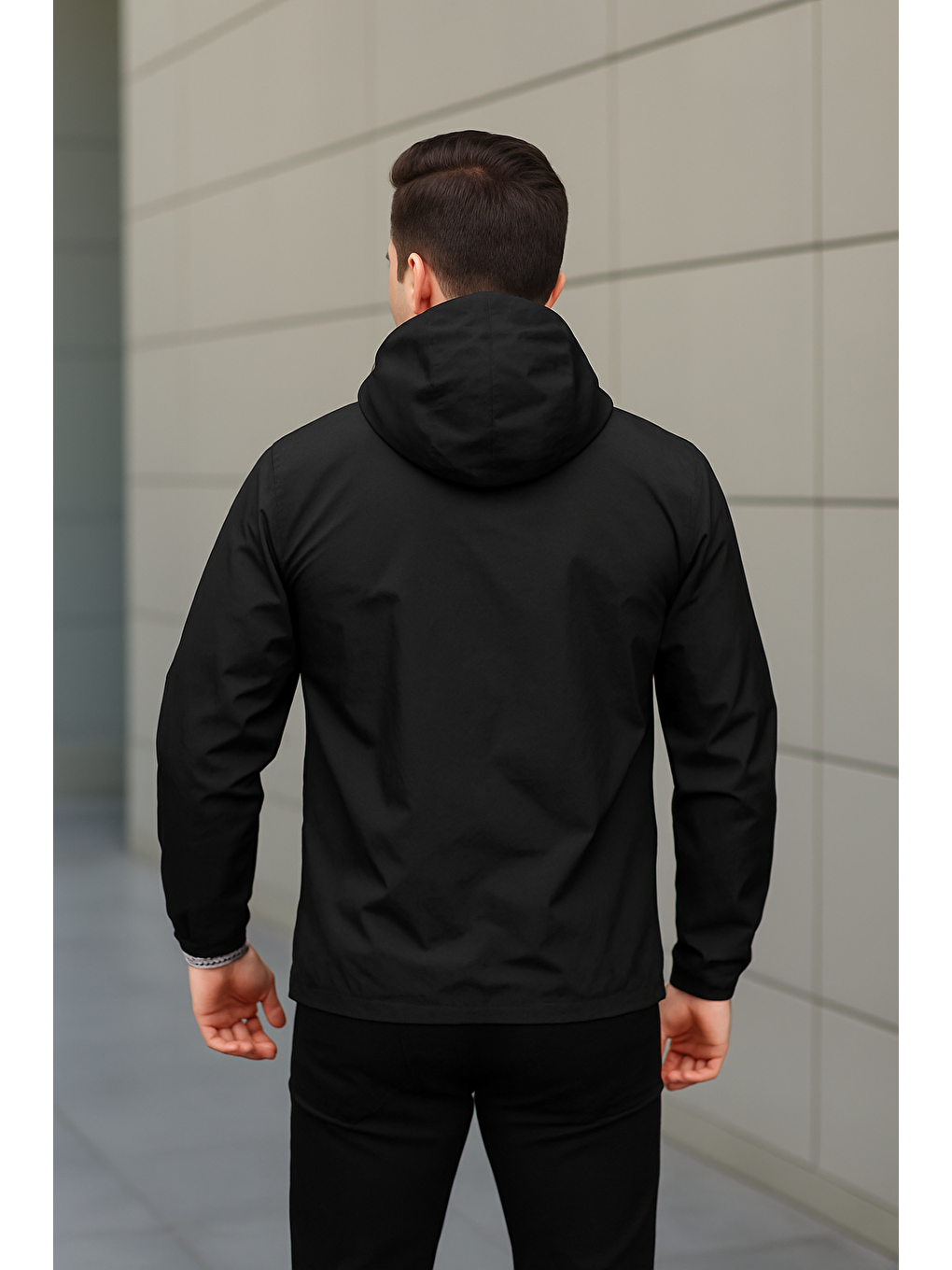 Erkek Fermuarlı Kapüşonlu Siyah Rüzgarlık & Yağmurluk-2