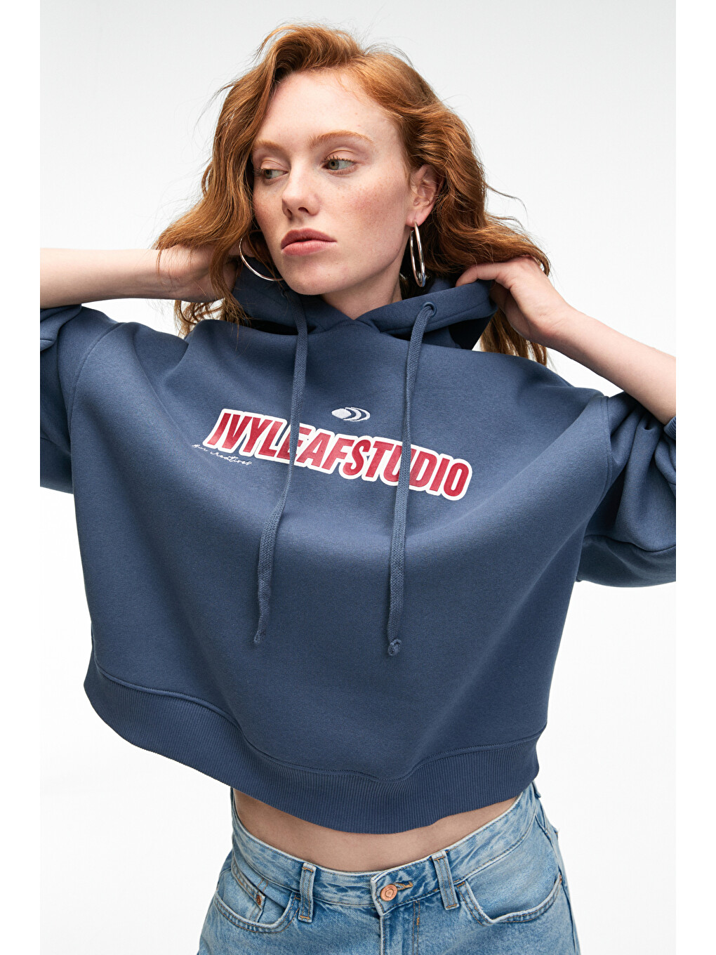 Rhovara Kadın Oversize Kapüşonlu Baskı Ve Nakış Detaylı Lacivert Sweatshirt-2