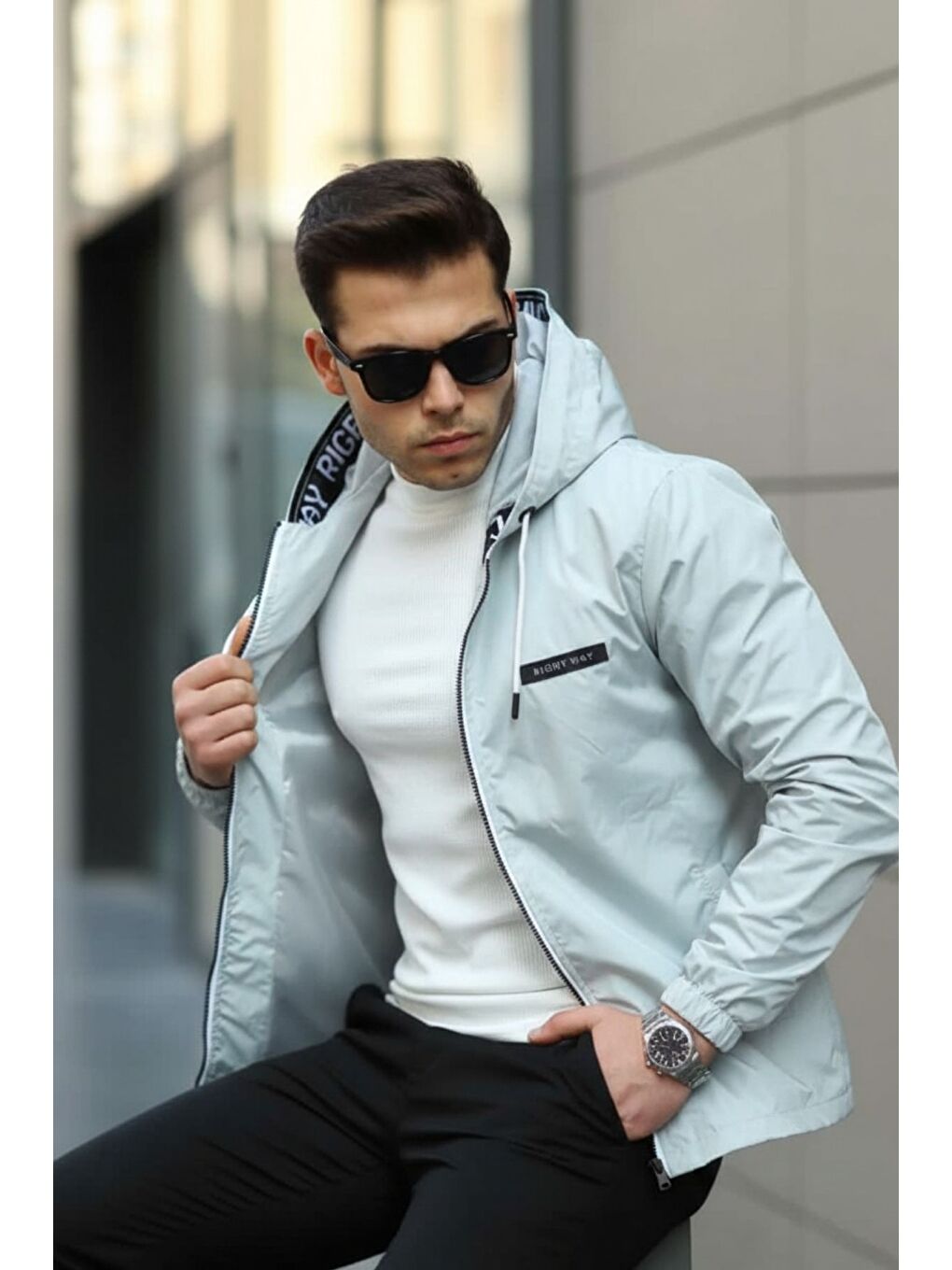 Erkek Fermuarlı Kapüşonlu Gri Rüzgarlık & Yağmurluk-4