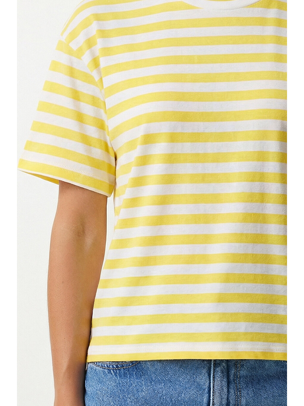 Sarı Oversize Çizgili Pamuklu Örme T-shirt SARI BEYAZ LZE0001-2