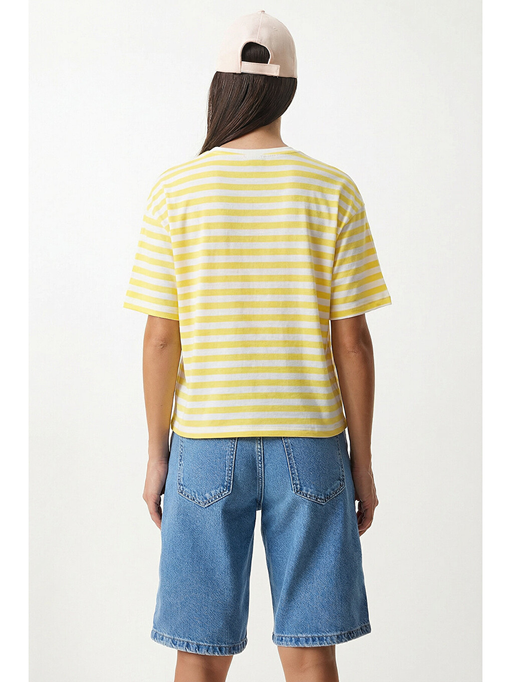 Sarı Oversize Çizgili Pamuklu Örme T-shirt SARI BEYAZ LZE0001-3