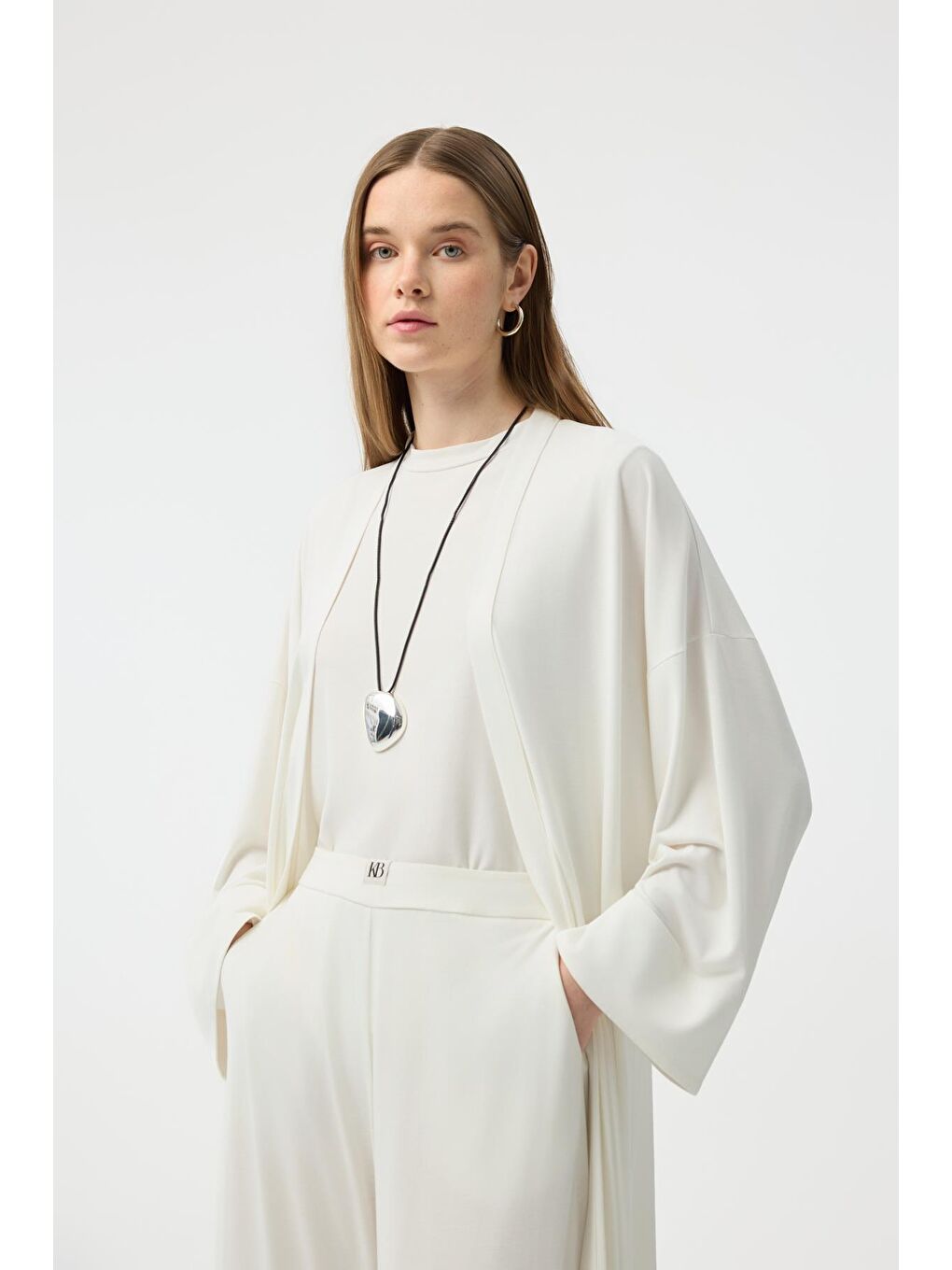 Modal Cupra Pantolon Bluz Abaya Takım Ekru-4