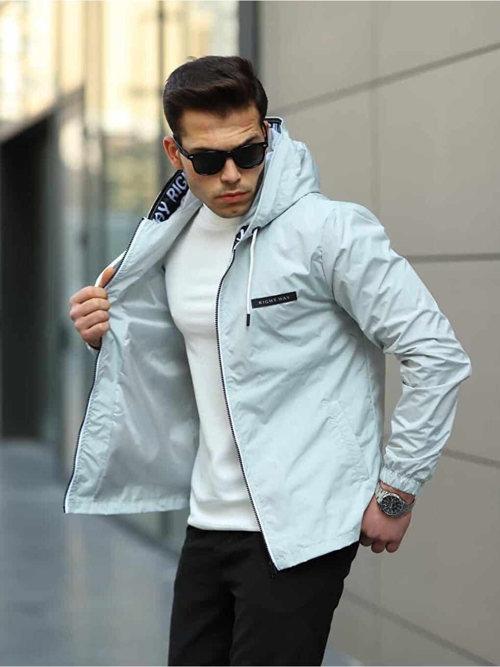 Erkek Fermuarlı Kapüşonlu Gri Rüzgarlık & Yağmurluk-5