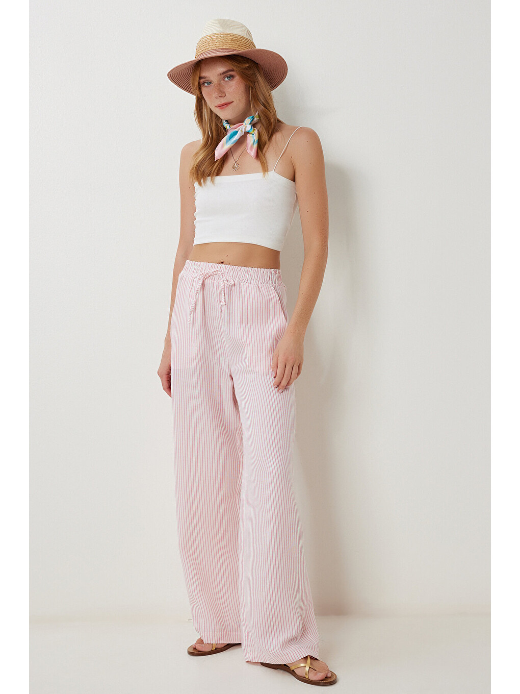Pembe Çizgili Cepli Müslin Pantolon PEMBE KEMİK LYY0110-1