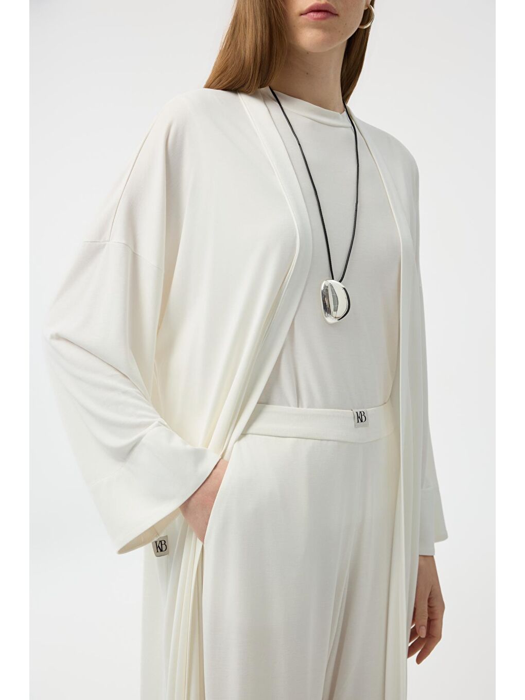 Modal Cupra Pantolon Bluz Abaya Takım Ekru-6