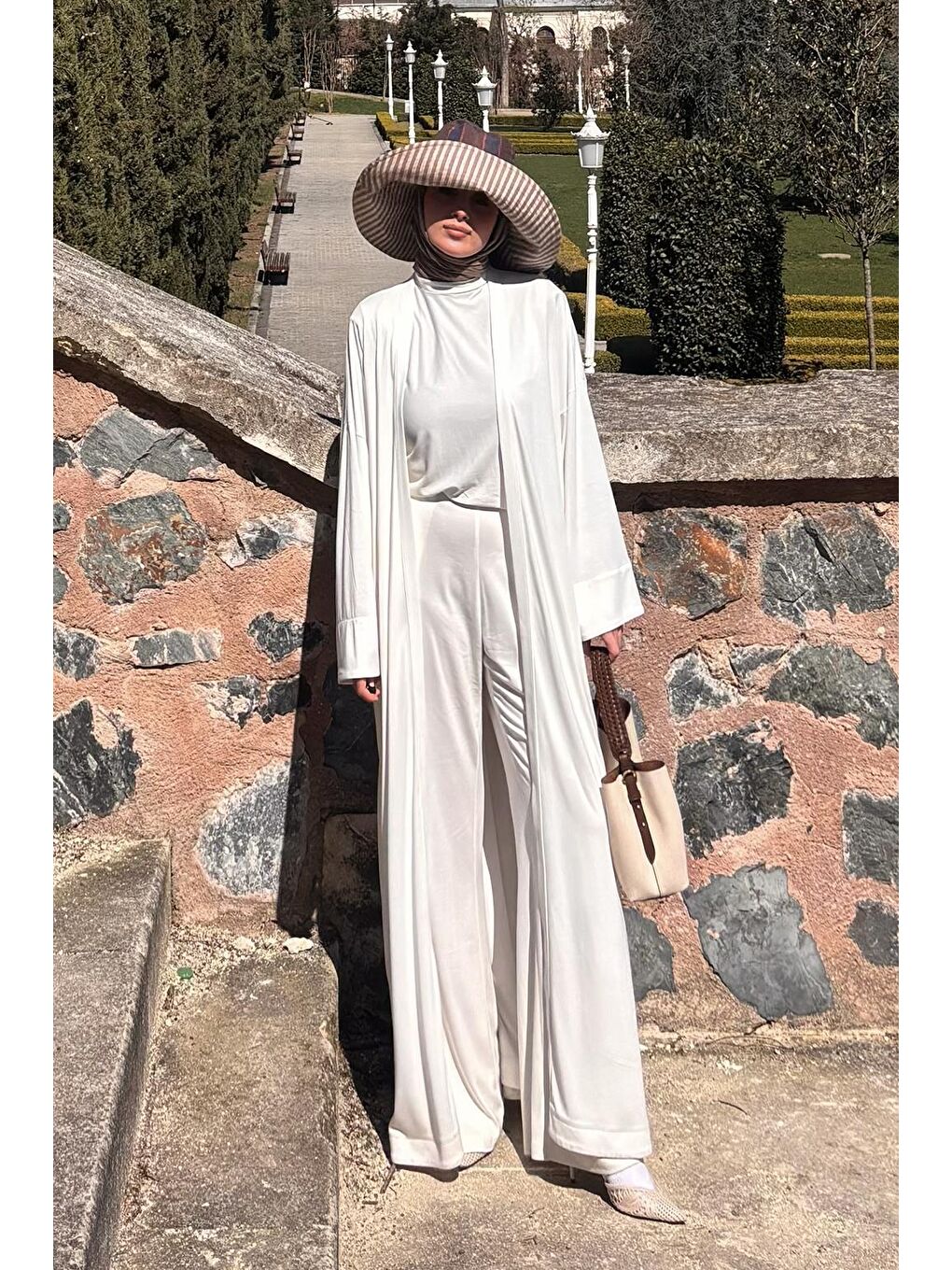 Modal Cupra Pantolon Bluz Abaya Takım Ekru-8