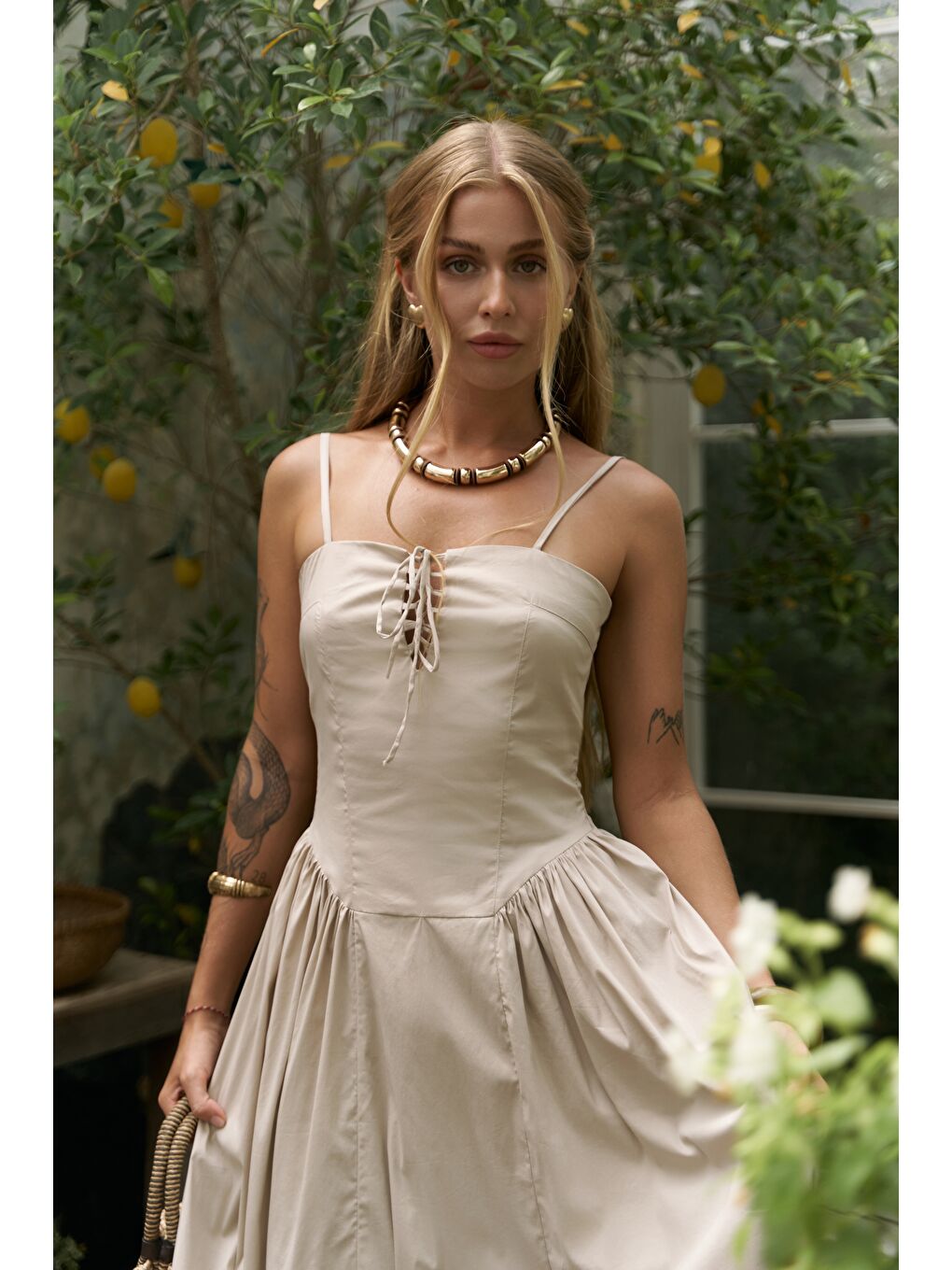 Bej Narissa Askılı Midi Taş Elbise-1