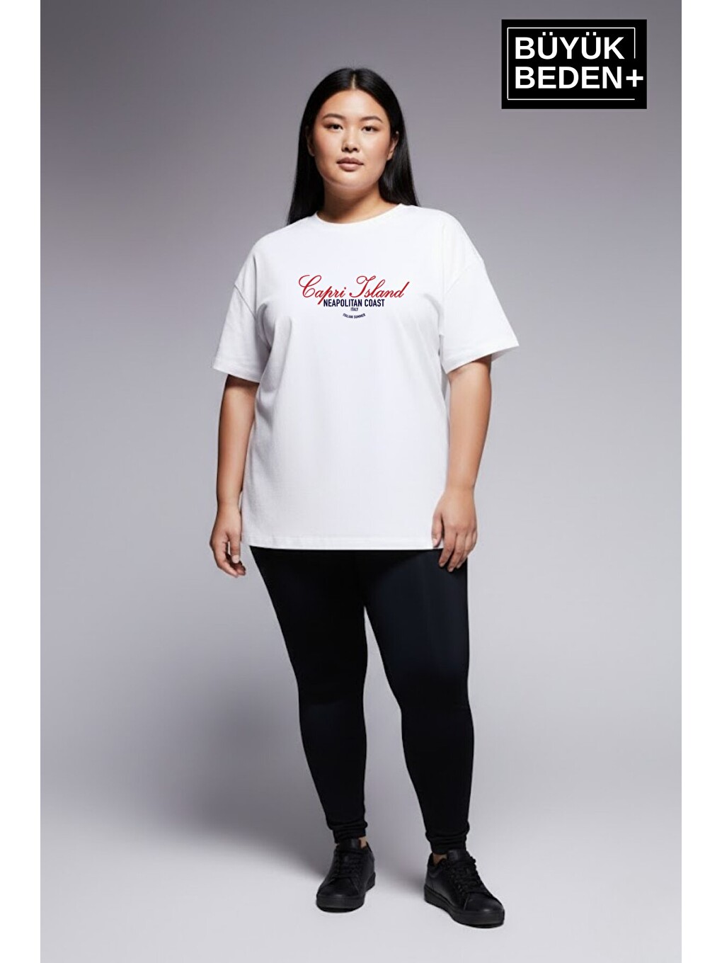 Beyaz Kadın Büyük Beden Capri Island Baskılı 3xl-6xl Bisiklet Yaka Tshırt SPR26BTSK510-14