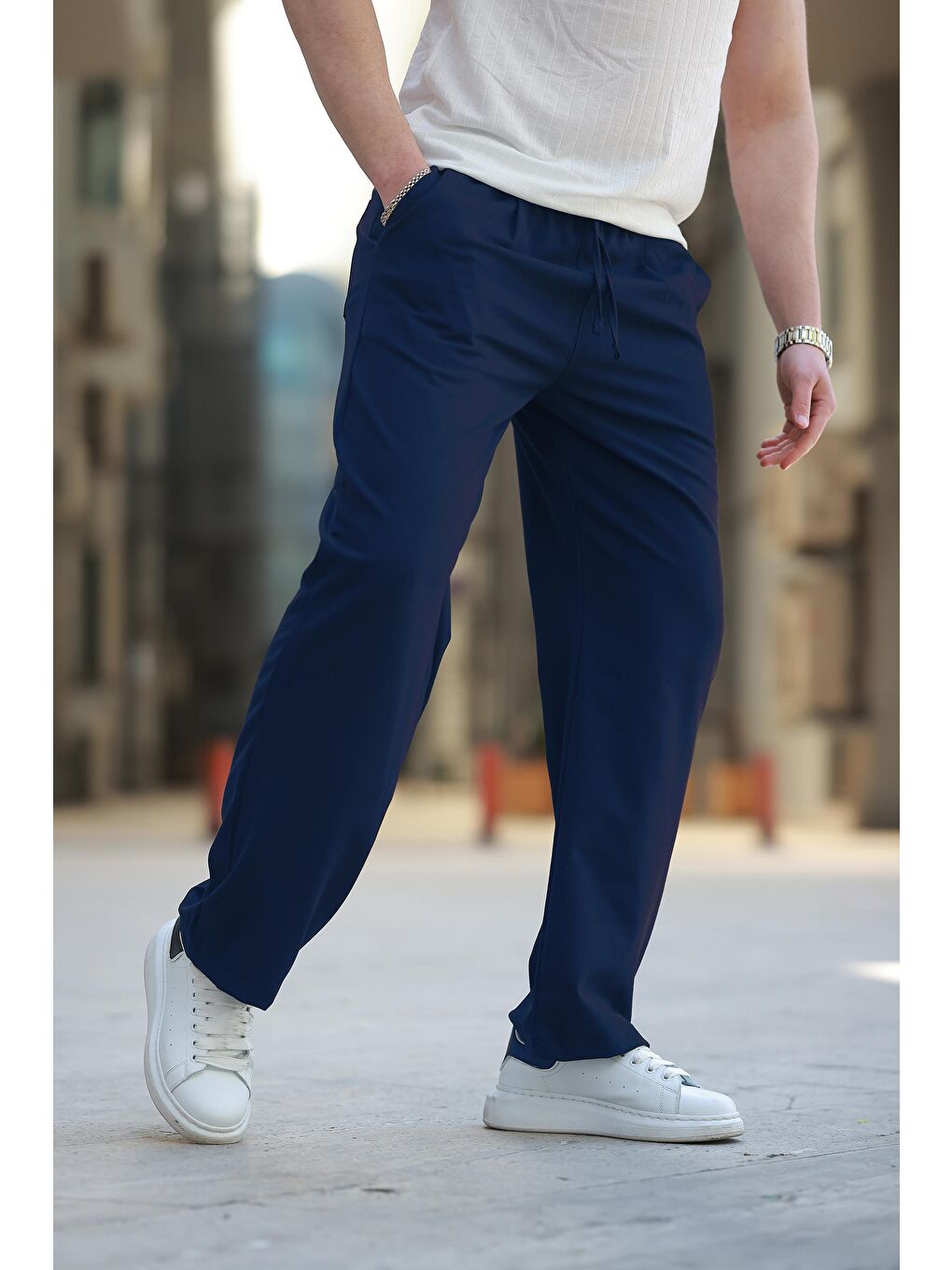 Lacivert Beli Ayarlanabilir Rahat Kesim Erkek Pantolon E6564-1