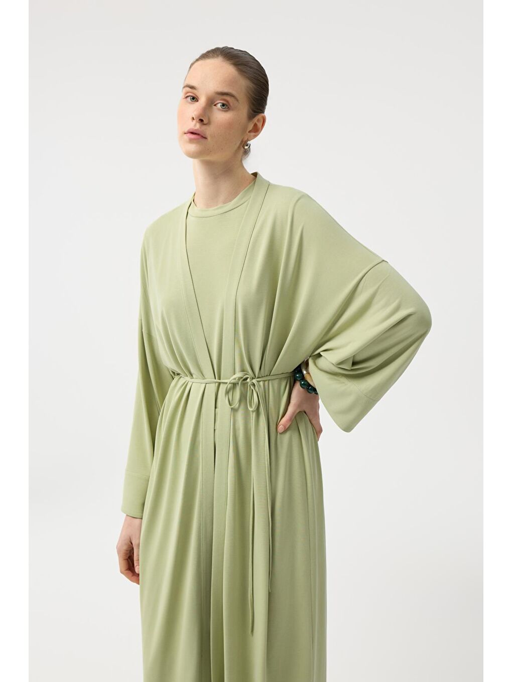 Modal Cupra Pantolon Bluz Abaya Takım Yeşil-2