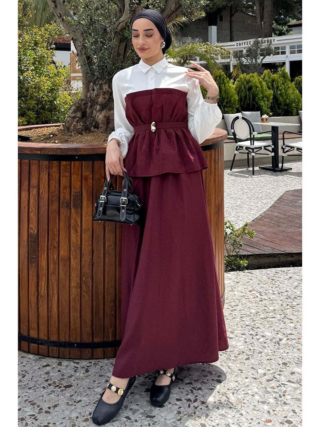 Bordo Ön Tokalı Gömlek Garnili Bluz Etek Tesettür İkili Takım-1