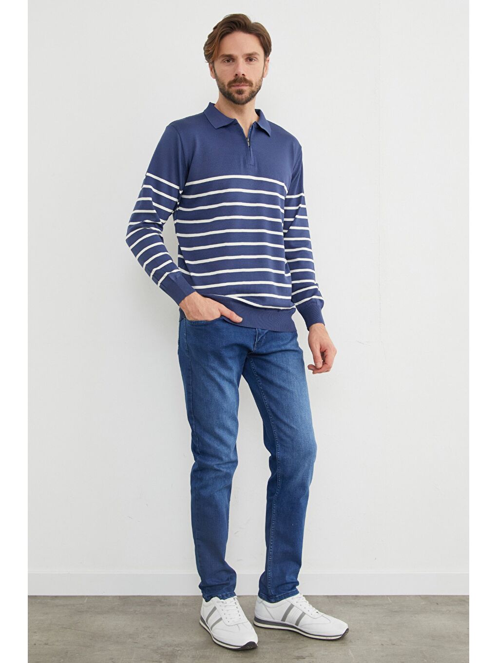 İndigo Çizgili Polo Yaka Yarım Fermuarlı Triko Kazak-1