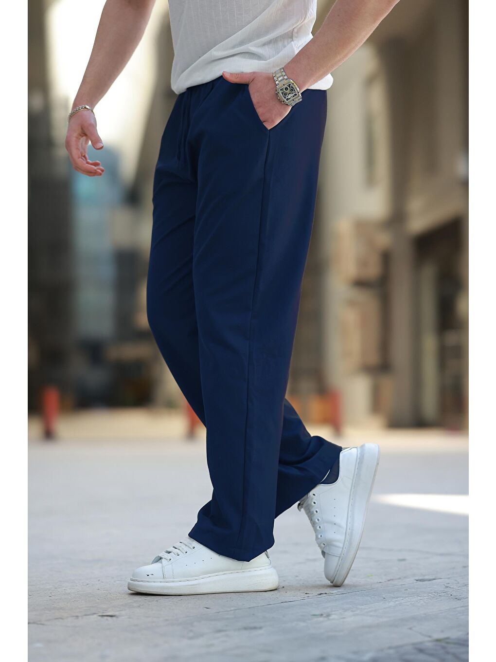 Lacivert Beli Ayarlanabilir Rahat Kesim Erkek Pantolon E6564-2