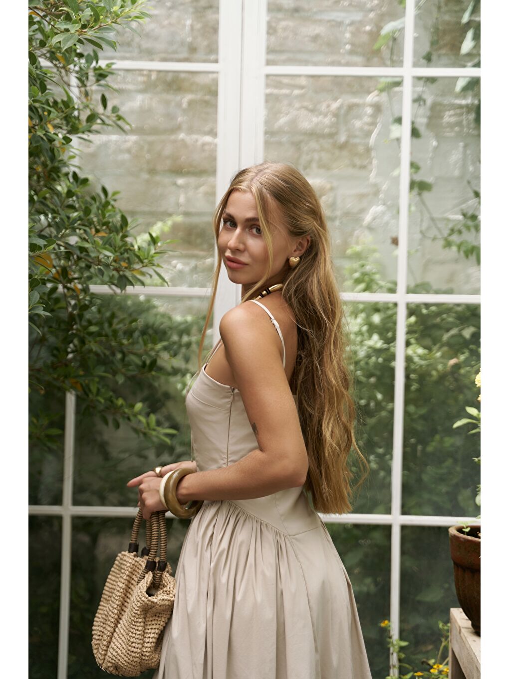 Bej Narissa Askılı Midi Taş Elbise-6