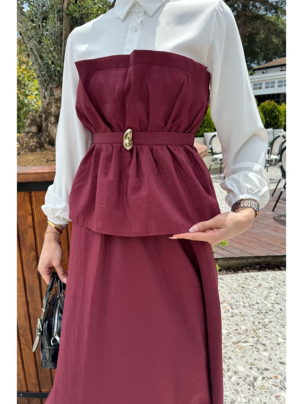 Bordo Ön Tokalı Gömlek Garnili Bluz Etek Tesettür İkili Takım-2