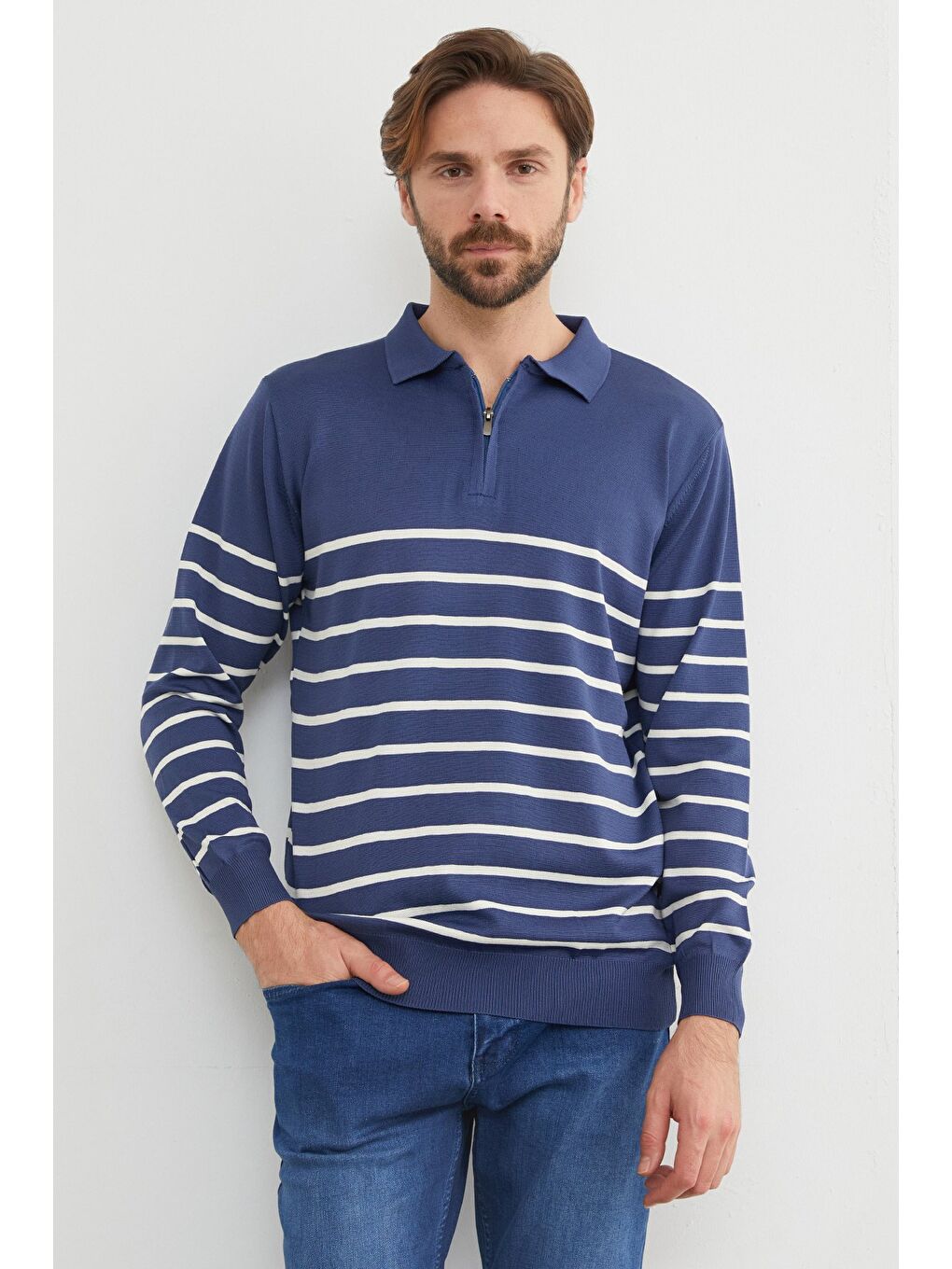 İndigo Çizgili Polo Yaka Yarım Fermuarlı Triko Kazak-2