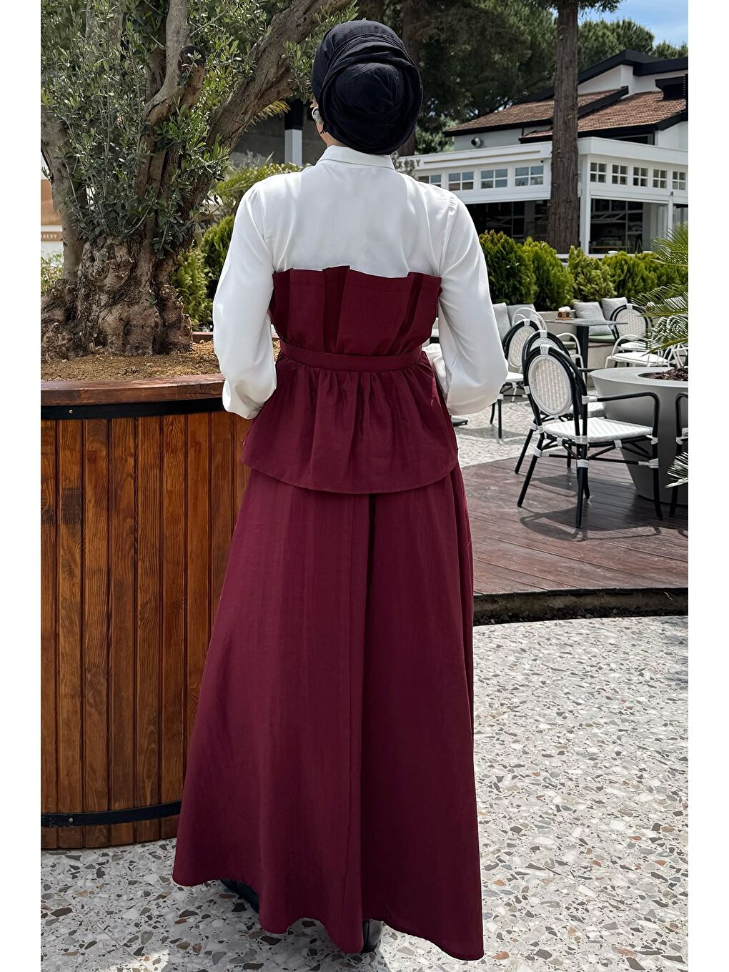 Bordo Ön Tokalı Gömlek Garnili Bluz Etek Tesettür İkili Takım-3