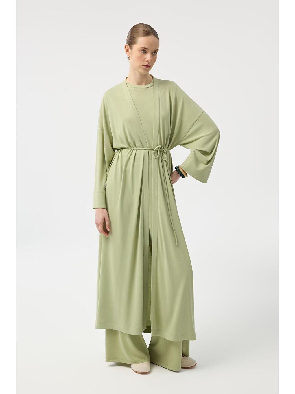 Modal Cupra Pantolon Bluz Abaya Takım Yeşil-3