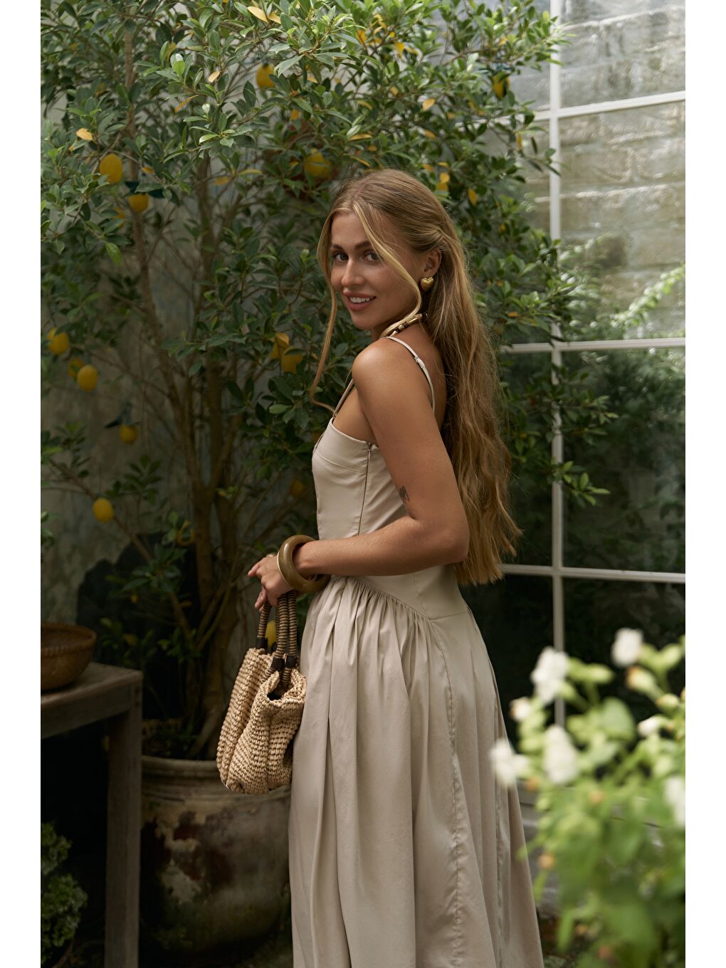 Bej Narissa Askılı Midi Taş Elbise-7