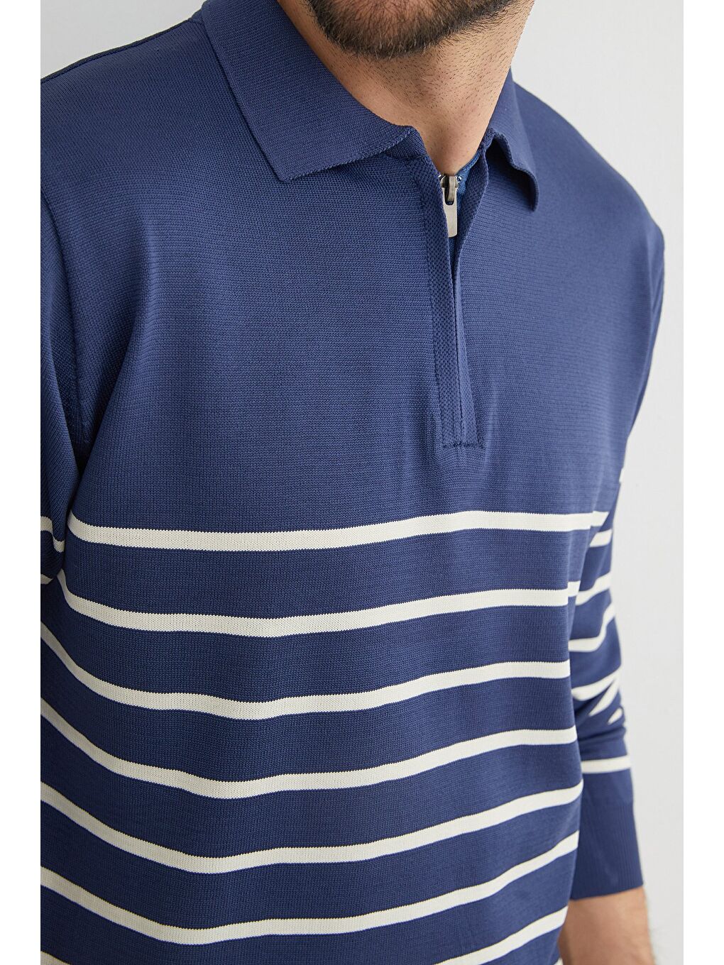 İndigo Çizgili Polo Yaka Yarım Fermuarlı Triko Kazak-3