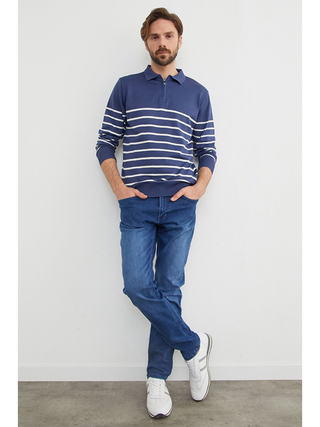 İndigo Çizgili Polo Yaka Yarım Fermuarlı Triko Kazak-4