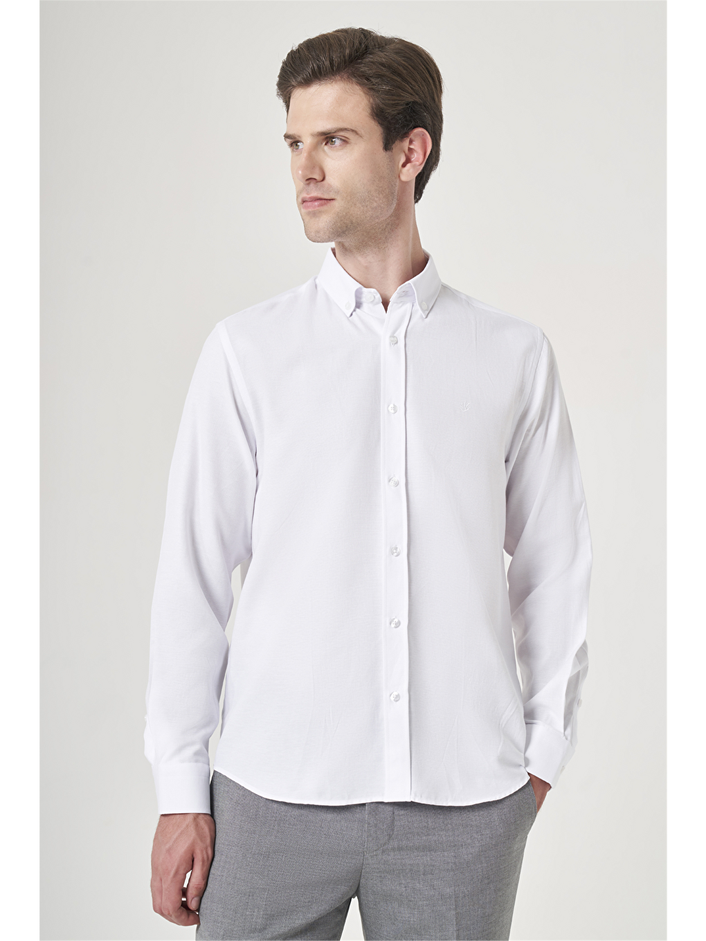 Beyaz Düğmeli Yaka Oxford Slim Fit Pamuklu Gömlek 1004265124-2