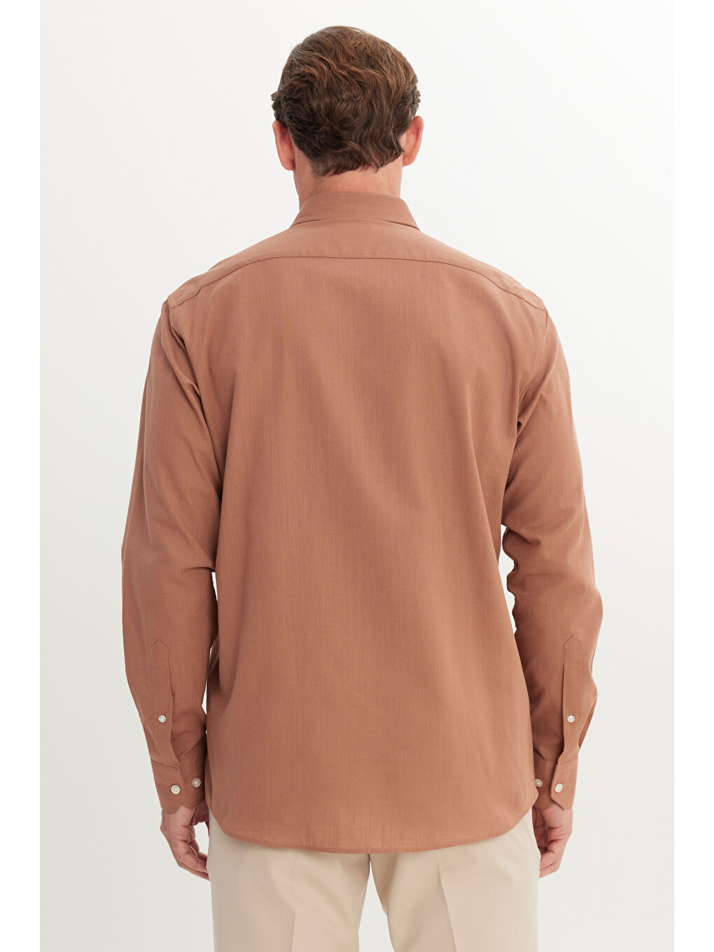 Erkek Kahverengi Comfort Fit Rahat Kesim Gizli Düğme Yaka %100 Pamuk Flamlı Gömlek-4