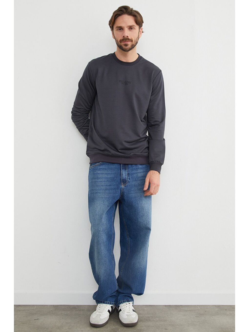 Antrasit Pellını Yazı Kabartmalı Bisiklet Yaka Sweatshirt