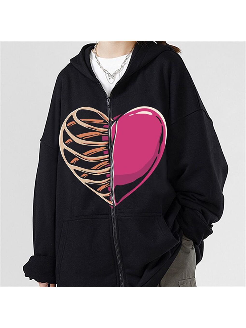 Touz Moda Siyah Half Rib & Heart Baskılı Oversize Fermuarlı Siyah Unisex Kapüşonlu Hırka