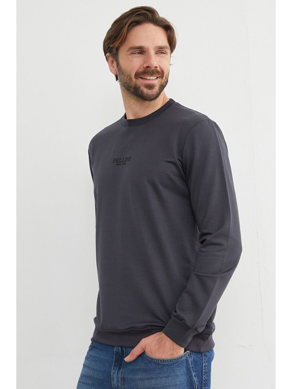 Antrasit Pellını Yazı Kabartmalı Bisiklet Yaka Sweatshirt-1