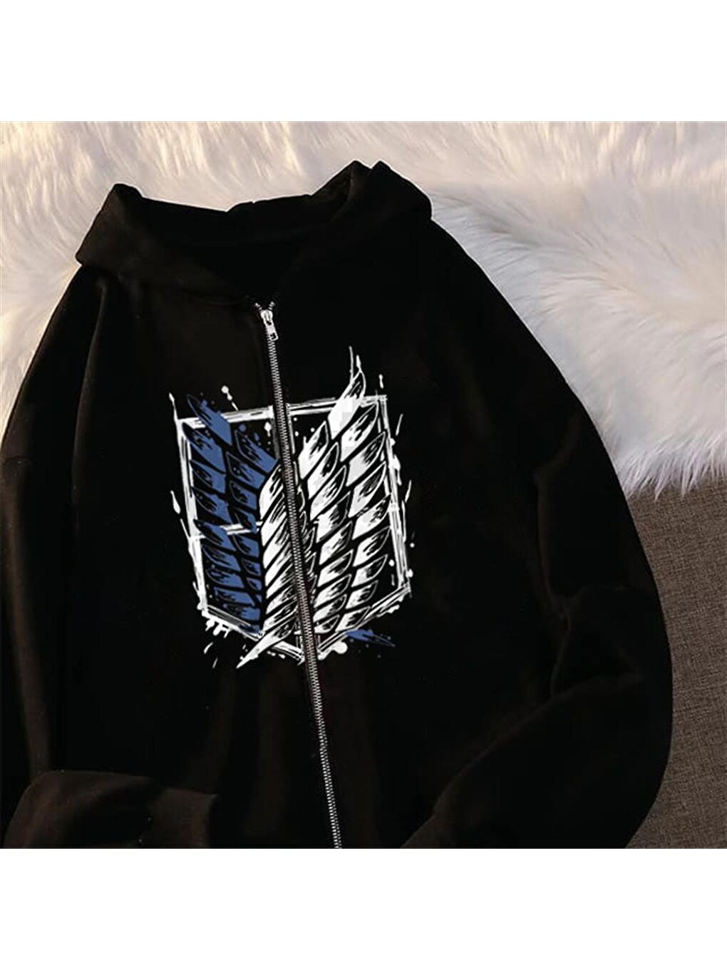 Touz Moda Siyah Attack On Titan New Logo Baskılı Oversize Fermuarlı Siyah Unisex Kapüşonlu Hırka - 1