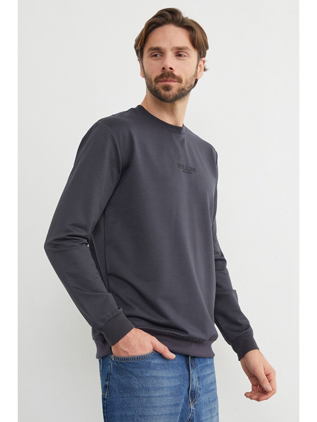 Antrasit Pellını Yazı Kabartmalı Bisiklet Yaka Sweatshirt-3