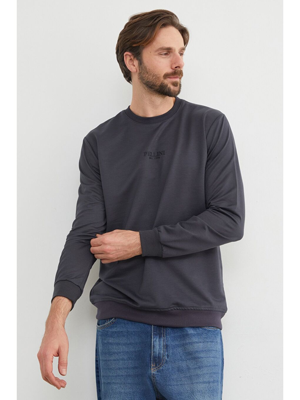 Antrasit Pellını Yazı Kabartmalı Bisiklet Yaka Sweatshirt-4
