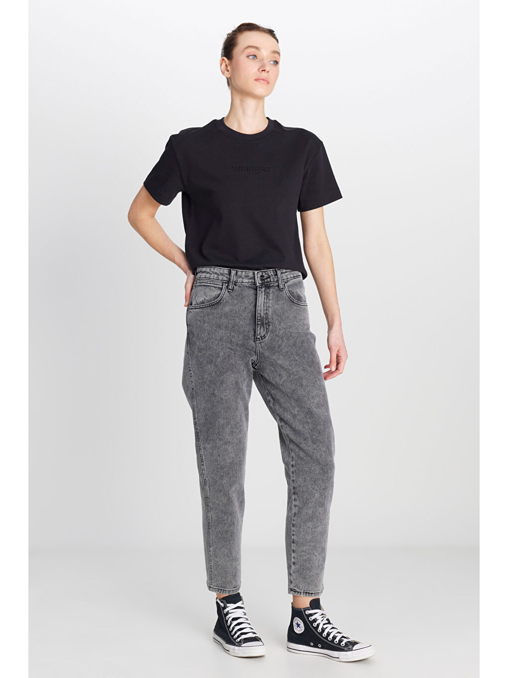 Mom Fit Yüksek Bel Dar Paça Açık Gri Pamuklu Esnek Jean Denim Pantolon-1