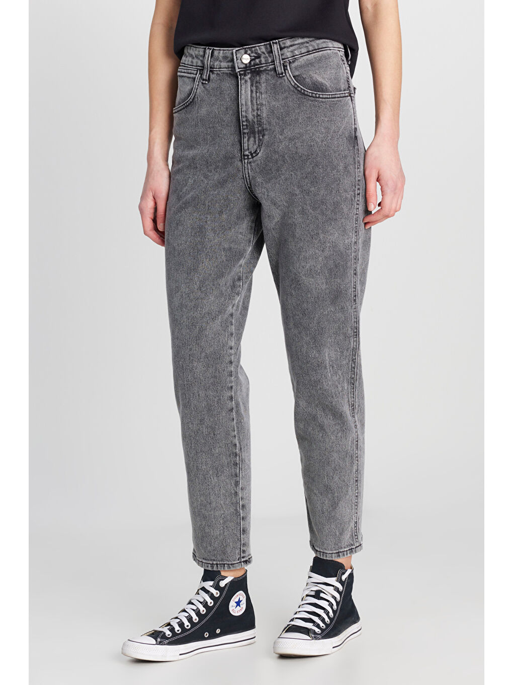 Mom Fit Yüksek Bel Dar Paça Açık Gri Pamuklu Esnek Jean Denim Pantolon-2