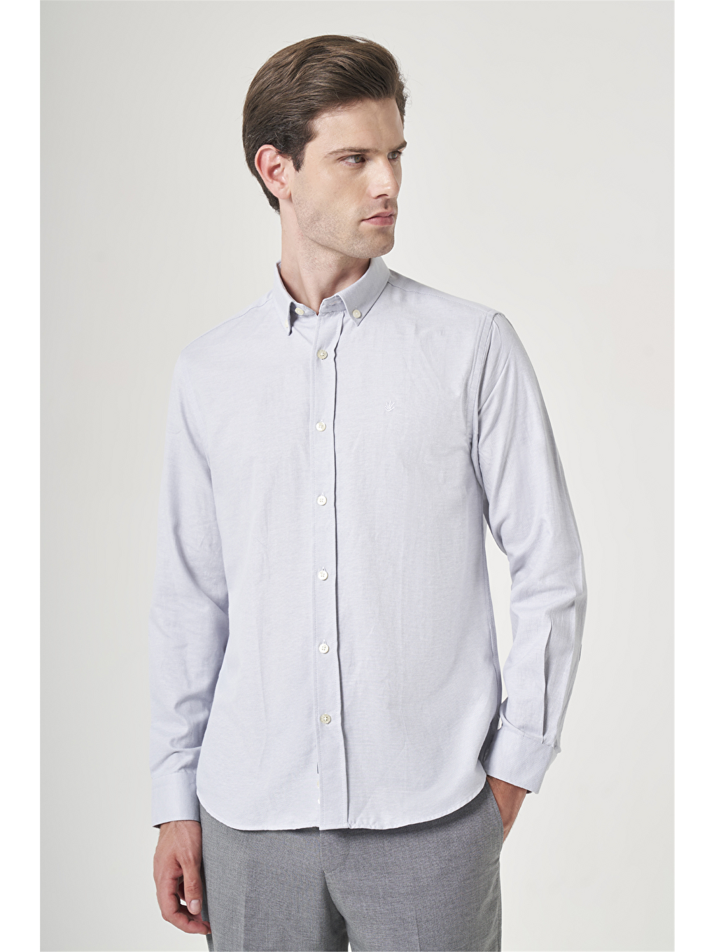 Gri Düğmeli Yaka Oxford Slim Fit Pamuklu Gömlek 1004265124