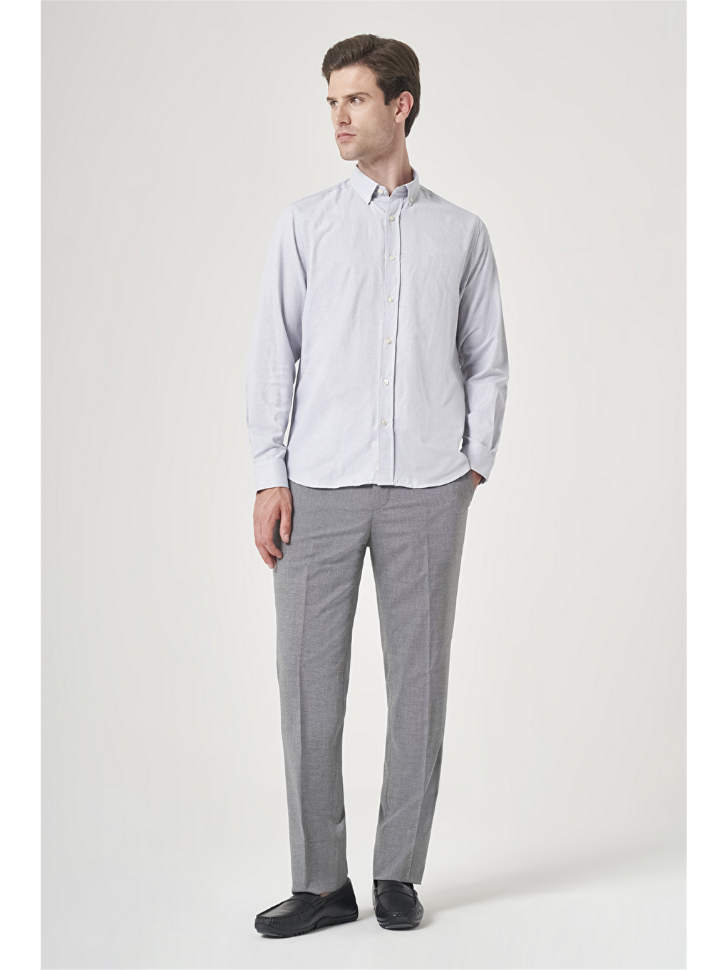 Gri Düğmeli Yaka Oxford Slim Fit Pamuklu Gömlek 1004265124-1