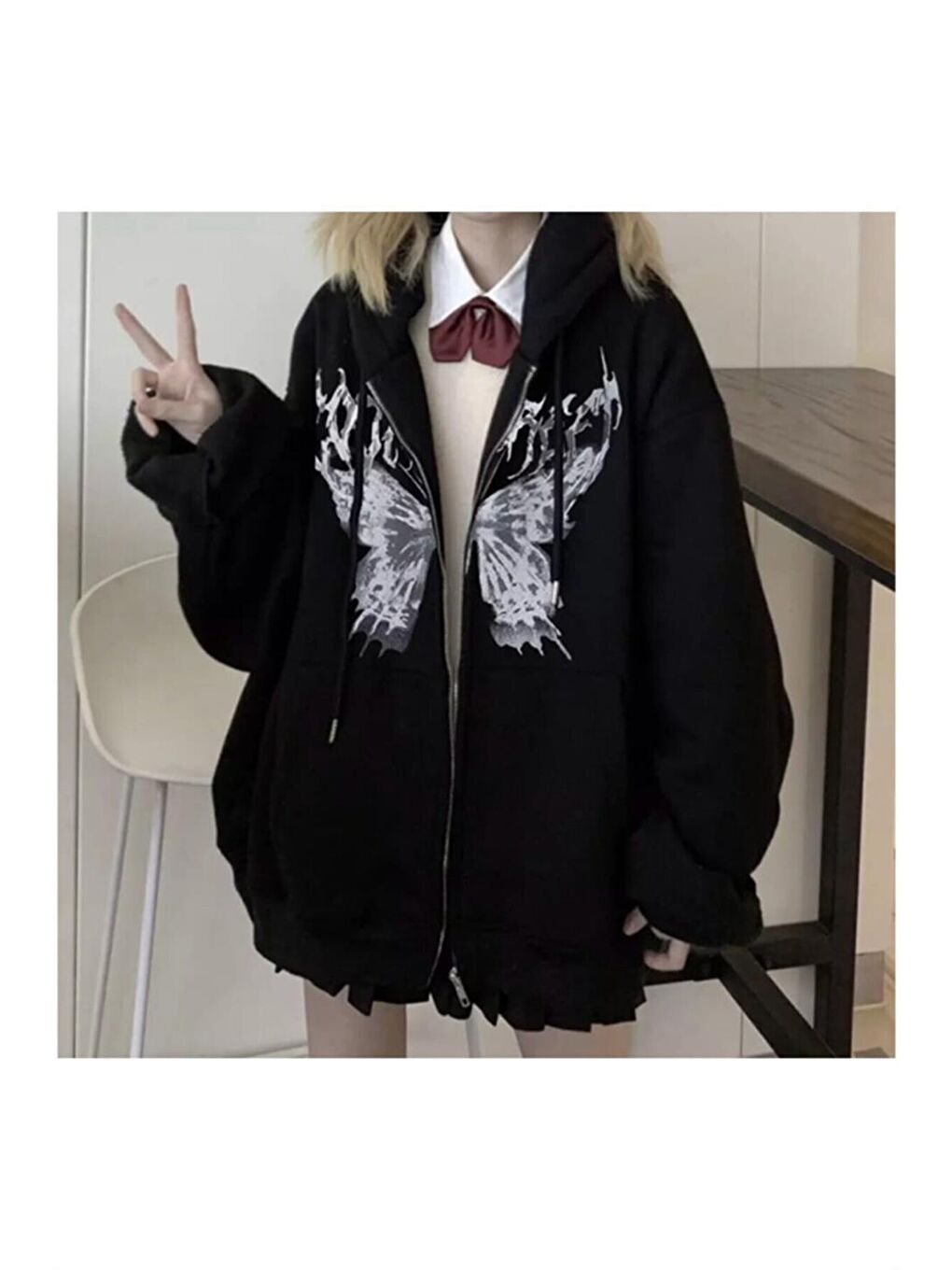 Touz Moda Siyah Harajuku Butterfly Kelebek Baskılı Oversize Fermuarlı Siyah Unisex Kapüşonlu Hırka