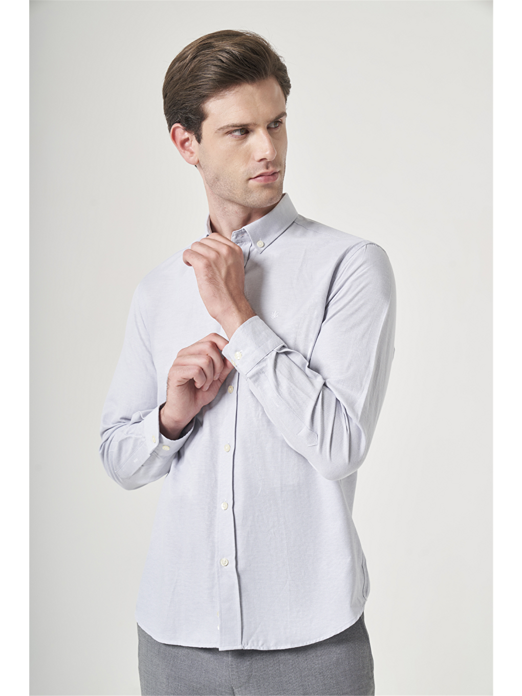 Gri Düğmeli Yaka Oxford Slim Fit Pamuklu Gömlek 1004265124-2