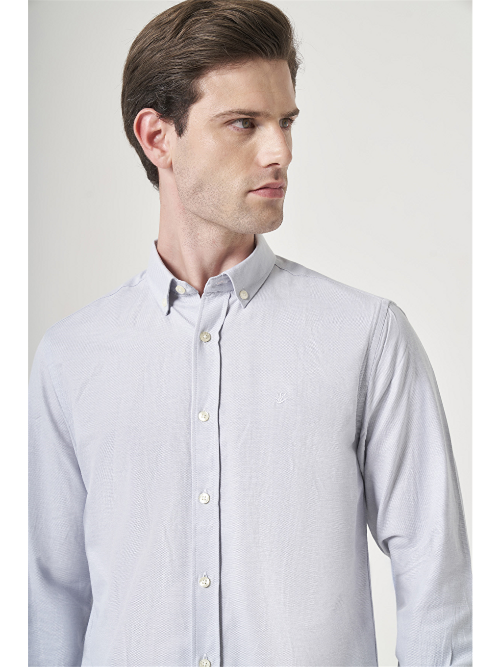 Gri Düğmeli Yaka Oxford Slim Fit Pamuklu Gömlek 1004265124-3