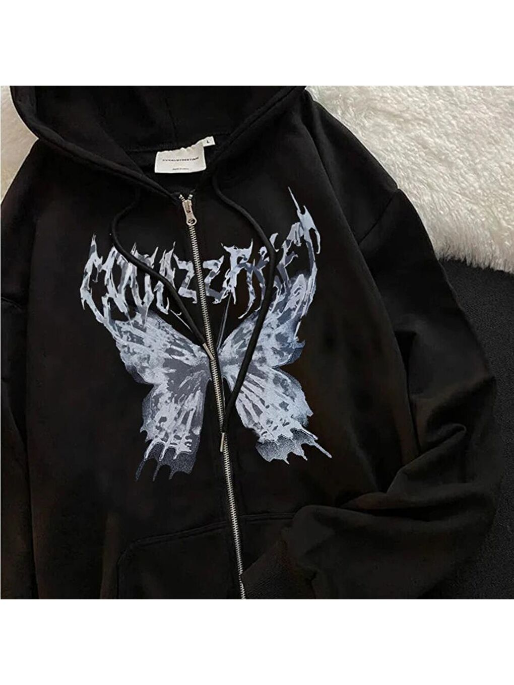 Touz Moda Siyah Harajuku Butterfly Kelebek Baskılı Oversize Fermuarlı Siyah Unisex Kapüşonlu Hırka - 1