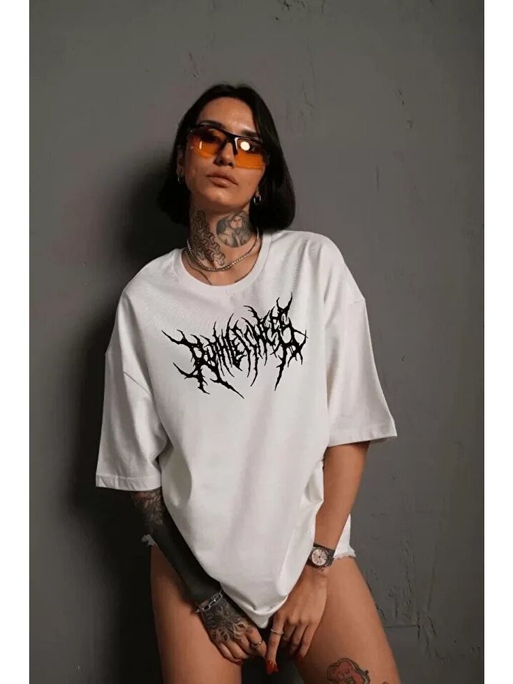 Unisex Bisiklet Yaka Baskılı Oversize T-Shirt - Beyaz-1