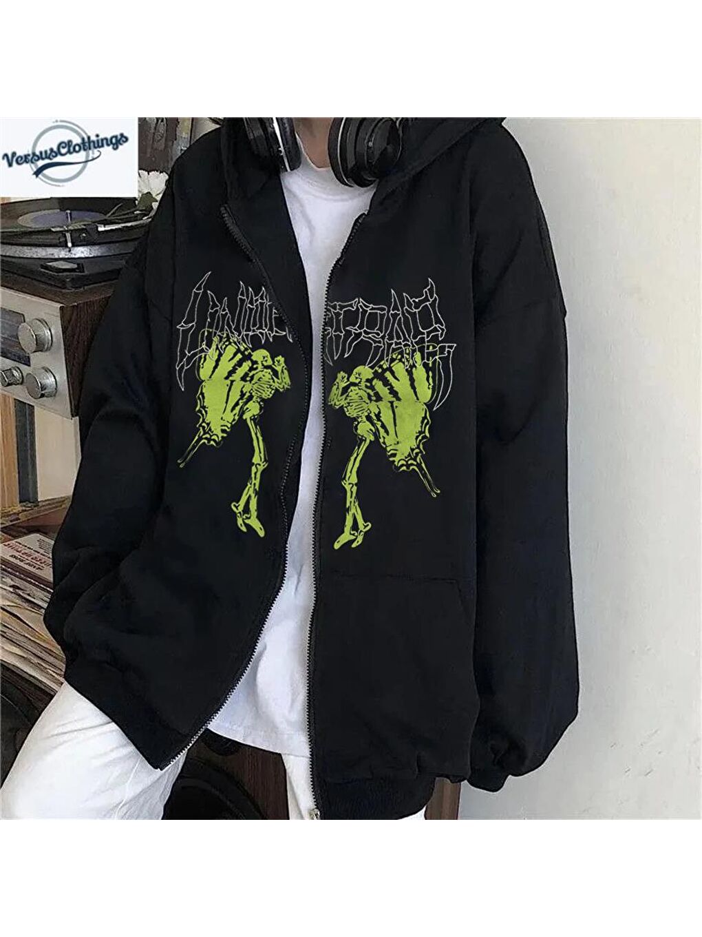 Touz Moda Siyah Harajuku Gothic Retro Butterfly Baskılı Oversize Fermuarlı Siyah Unisex Kapüşonlu Hırka