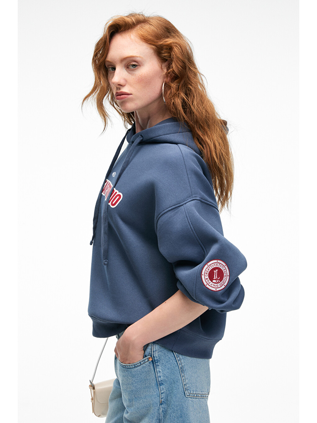Rhovara Kadın Oversize Kapüşonlu Baskı Ve Nakış Detaylı Lacivert Sweatshirt-6