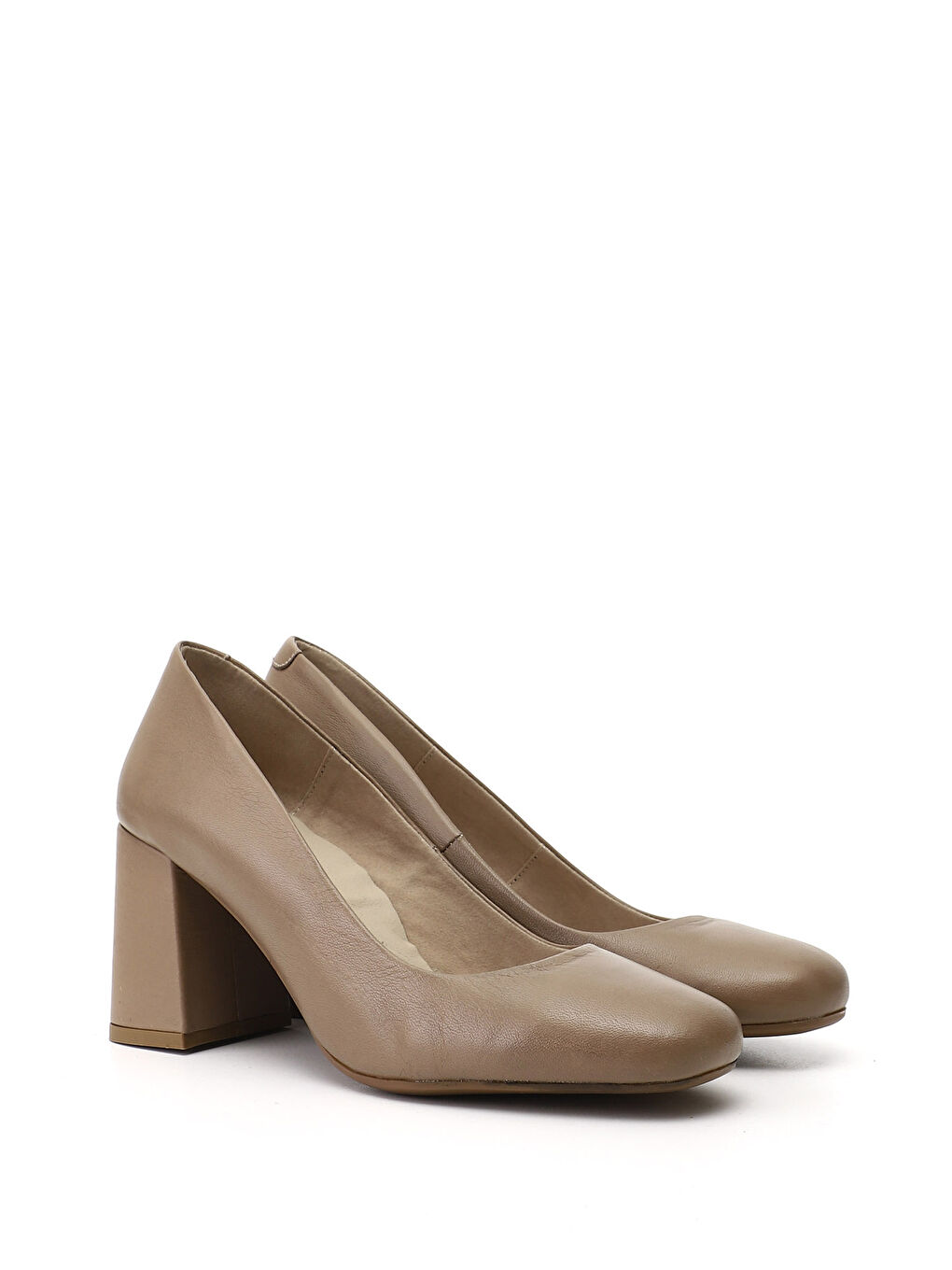Bej Kadın AÇIK BEJ Küt Burun Kalın Topuklu Hakiki Deri Ayakkabı-1