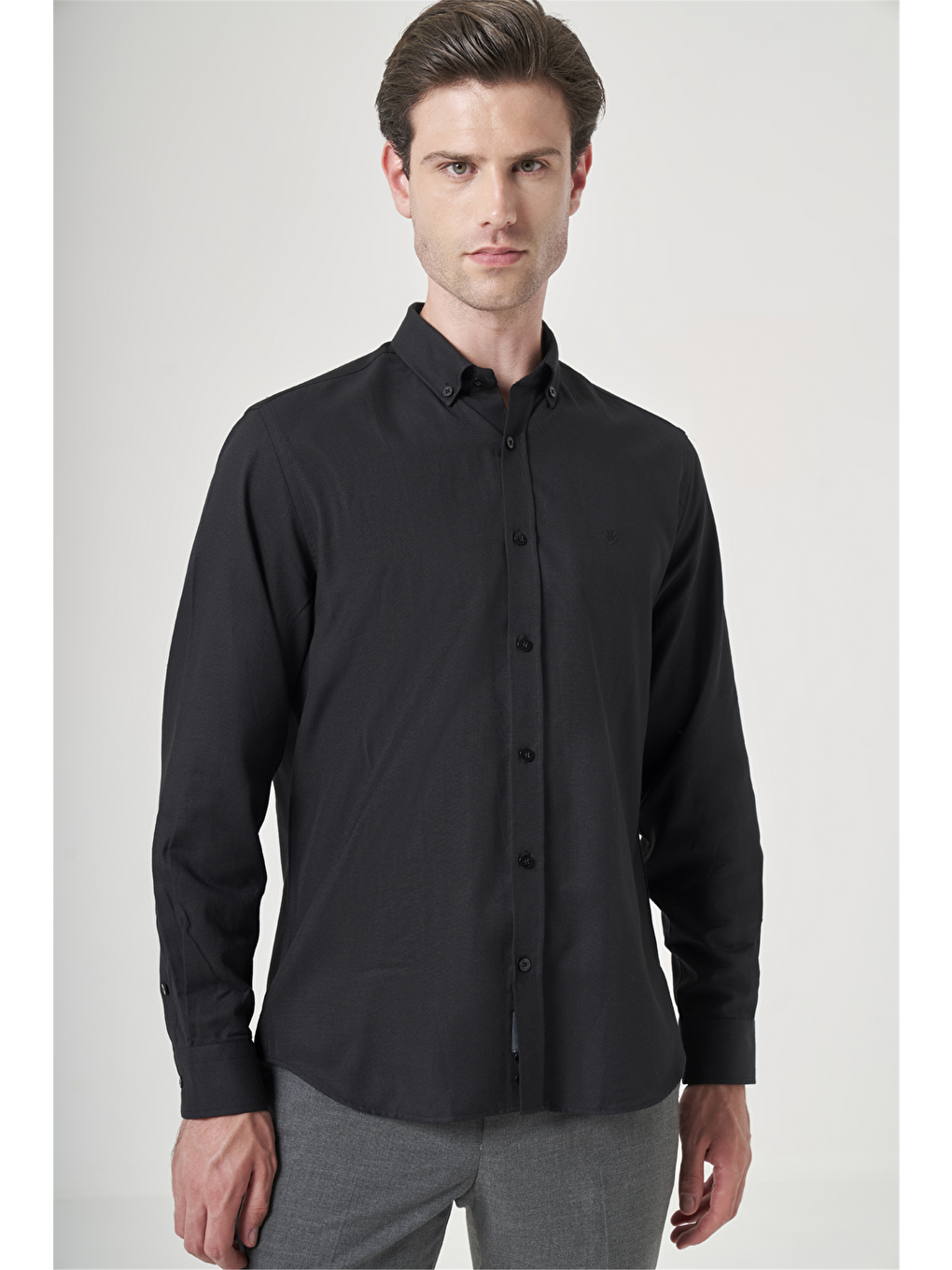 Siyah Düğmeli Yaka Oxford Slim Fit Pamuklu Gömlek 1004265124-2