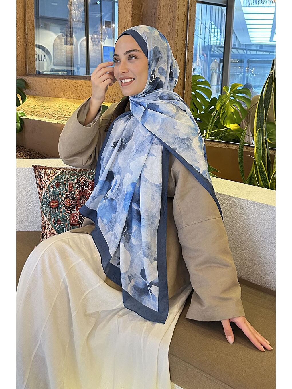 Batik Çiçek Desen Bambu Şal İndigo-2