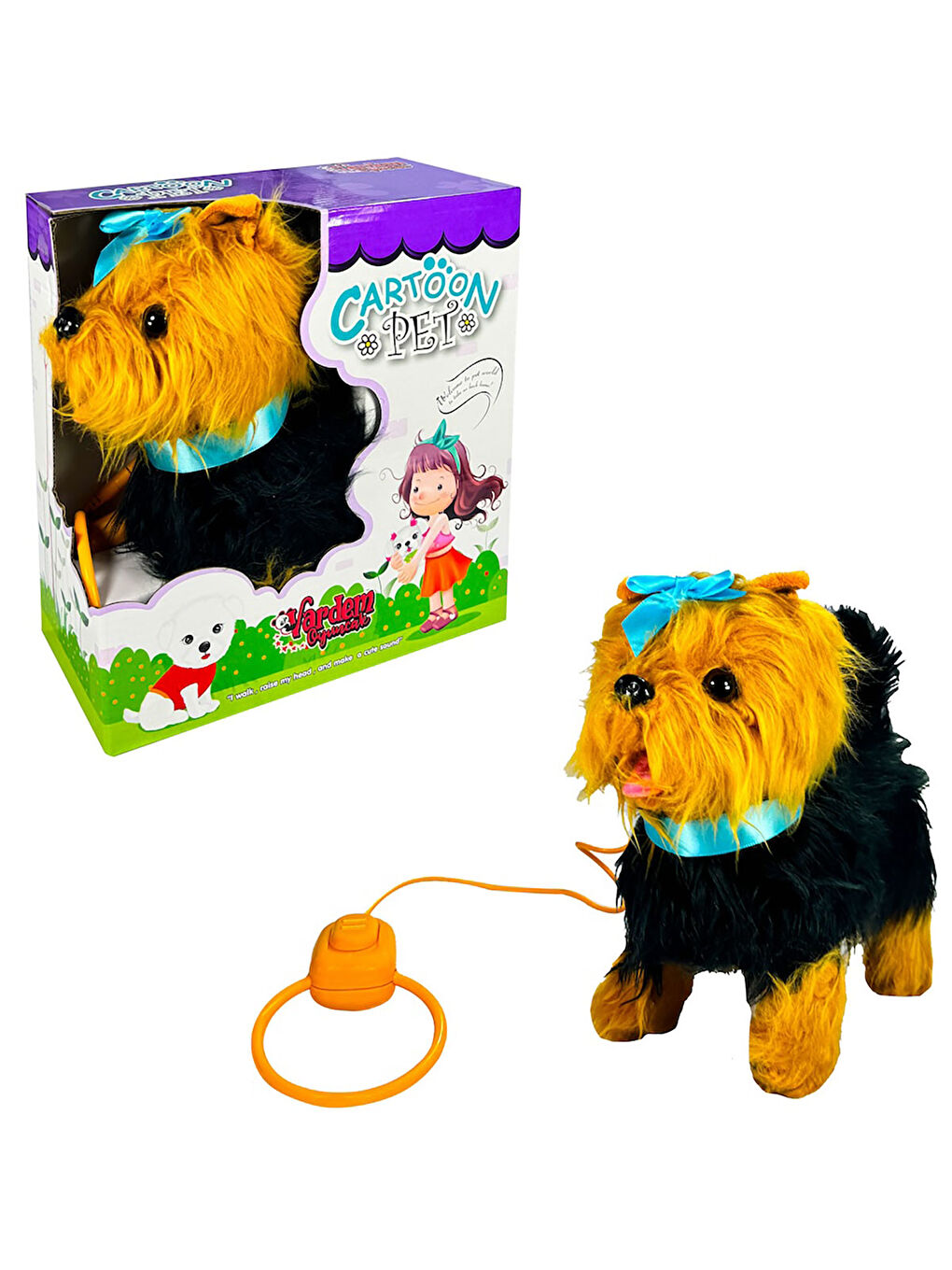 Pelüş Tasmalı Yürüyen Mavi Fiyonklu Köpek Kahverengi-2