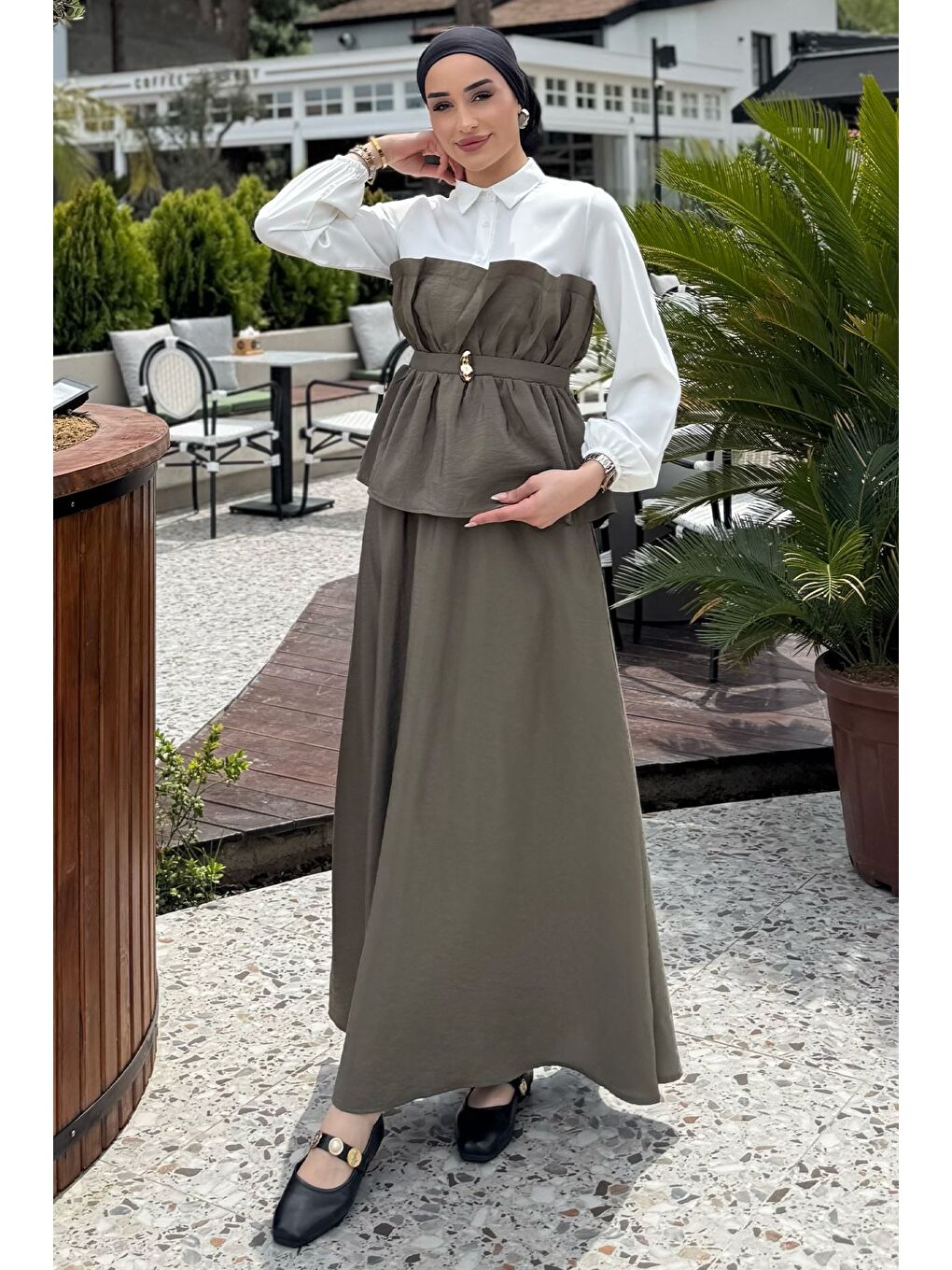 Haki Ön Tokalı Gömlek Garnili Bluz Etek Tesettür İkili Takım