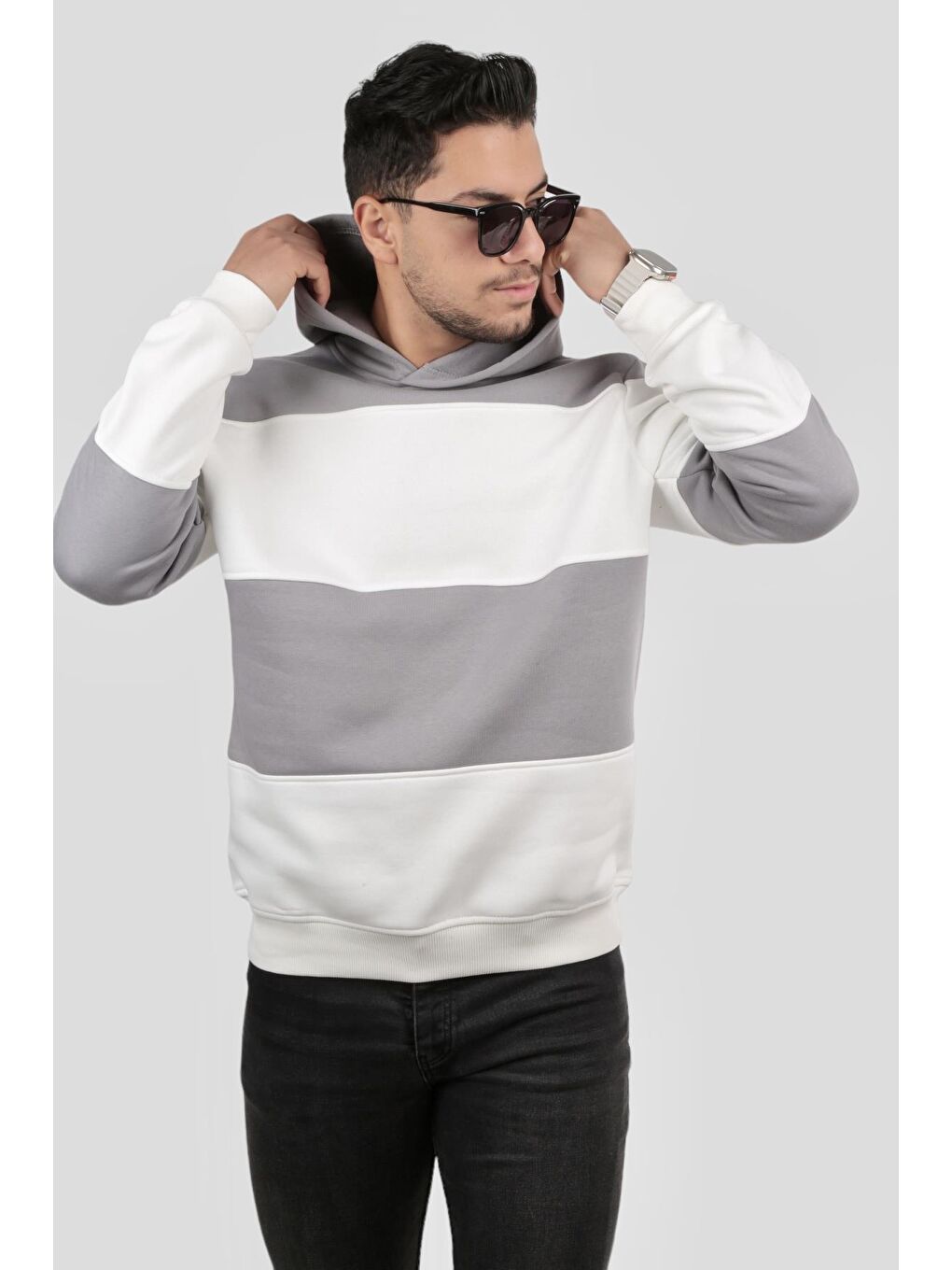 Miron Açık Gri-Beyaz Açık Gri Beyaz Blok Parçalı Overisize Kapüşonlu Üç İplik Sweatshirt - 3